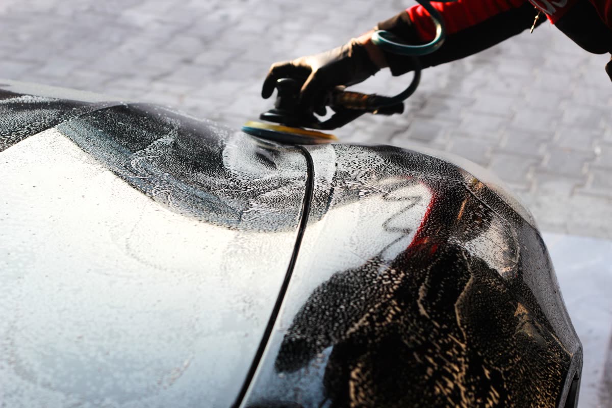 A freshly waxed car exterior with a glossy finish